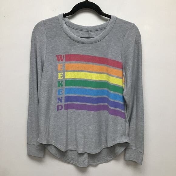 Chaser Womens T-Shirt Rainbow Stripes Weekend Gray Long Sleeve High Low M - Picture 1 of 7